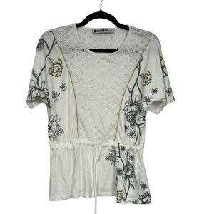 Desigual White Eyelet Short Sleeve Blouse Womens M Casual Beachy Summer Top